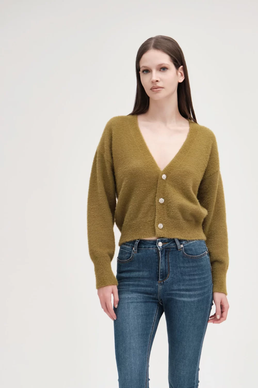 CARDIGAN BOTTONE GIOIELLO FIN.7 EFFETTO PELO – DGF5611