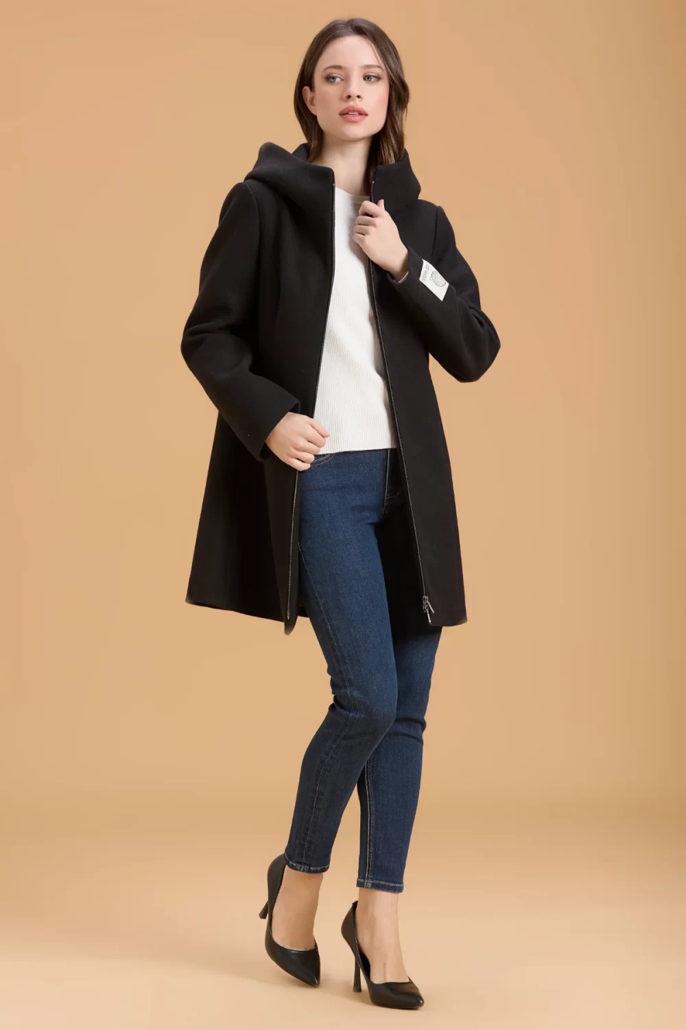 CAPPOTTO LUNGO ZIP E CAPPUCCIO MISTO LANA – DGF5750