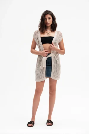 GILET LUNGO TRAFORATO CON CINTA MISTO COTONE - DGP7652